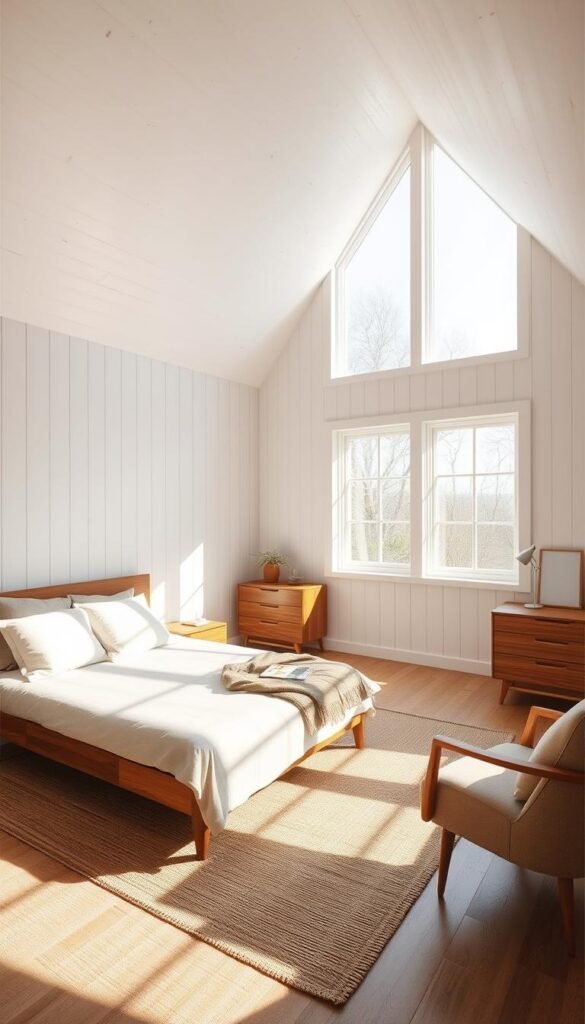 A serene, minimalist bedroom with a focus on natural textures and pared-back luxury. A mid-century modern platform bed with a plush, neutral bedding set sits atop a woven jute area rug. Sunlight streams in through large picture windows, casting a warm glow on the smooth, whitewashed wood walls and ceiling. Tapered wooden nightstands and a low-profile dresser provide subtle storage. A cozy armchair and floor lamp create a cozy reading nook. The overall atmosphere is one of tranquility, simplicity, and understated elegance.