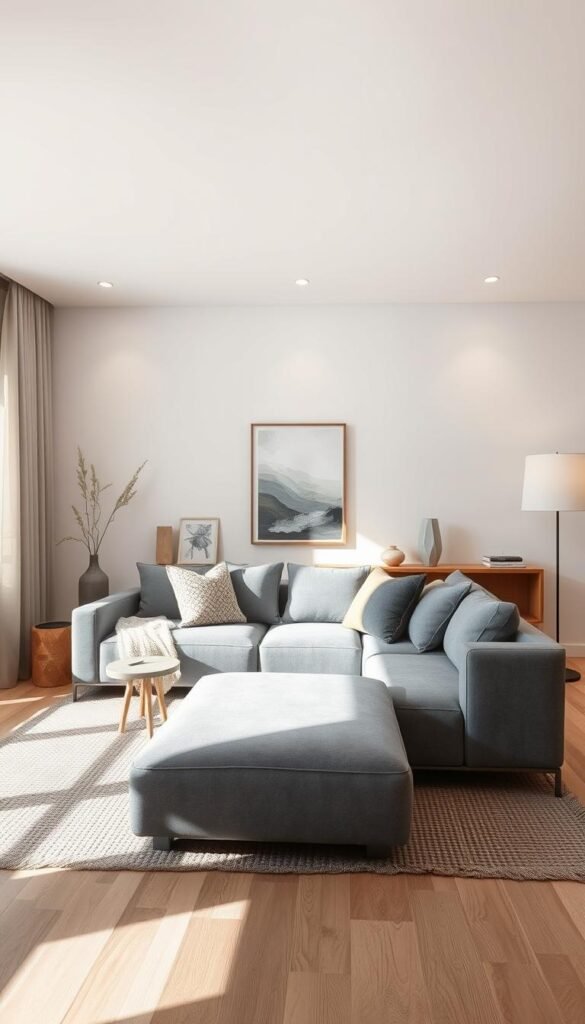 A serene, minimalist living room bathed in soft, diffuse natural light. A plush, monochromatic gray sofa takes center stage, its clean lines and elegant silhouette creating a sophisticated focal point. Muted textures, from the wool throw to the woven area rug, add depth and visual interest, while strategically placed decorative objects like a sleek vase and abstract artwork lend an air of refined elegance. Warm wooden accents and a neutral color palette contribute to the room's calming, harmonious atmosphere, exuding a sense of understated luxury. Indirect lighting from recessed ceiling fixtures and floor lamps casts a gentle, even glow, creating a tranquil, serene ambiance. The overall effect is a harmonious, visually cohesive space that embodies the essence of a modern, monochromatic gray living room design.