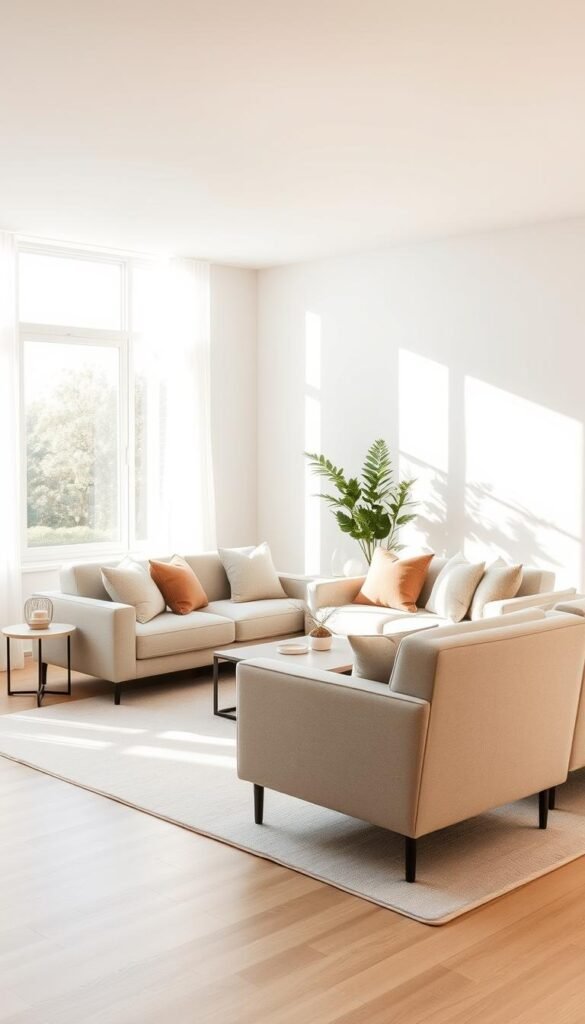 A serene minimalist living room in a neutral color palette. The space is flooded with soft, natural light streaming through large windows, casting a warm glow. The focal point is a low-profile sofa in a muted beige or gray, accented with plush throw pillows in complementary shades. A matching armchair and minimalist coffee table complete the seating area. The walls are painted in a calming, off-white tone, creating a tranquil backdrop. Decor is kept to a minimum, with a potted plant or two providing subtle greenery. The overall atmosphere is one of peaceful simplicity, encouraging relaxation and mindfulness.