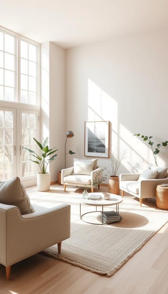 A serene, minimalist living room with a neutral color palette as the foundation. Soft, muted shades of beige, ivory, and gray create a calming, harmonious atmosphere. Natural light streams through large windows, gently illuminating the space. Textured fabrics, such as linen and wool, add depth and tactile interest. Subtle geometric patterns and clean-lined furniture pieces complement the understated elegance. A cozy, plush area rug anchors the room, while potted plants and natural wood accents bring a touch of organic warmth. This neutral canvas provides a versatile backdrop, allowing for easy incorporation of additional colors and patterns as desired. A serene, minimalist living room with a neutral color palette as the foundation. Soft, muted shades of beige, ivory, and gray create a calming, harmonious atmosphere. Natural light streams through large windows, gently illuminating the space. Textured fabrics, such as linen and wool, add depth and tactile interest. Subtle geometric patterns and clean-lined furniture pieces complement the understated elegance. A cozy, plush area rug anchors the room, while potted plants and natural wood accents bring a touch of organic warmth. This neutral canvas provides a versatile backdrop, allowing for easy incorporation of additional colors and patterns as desired.