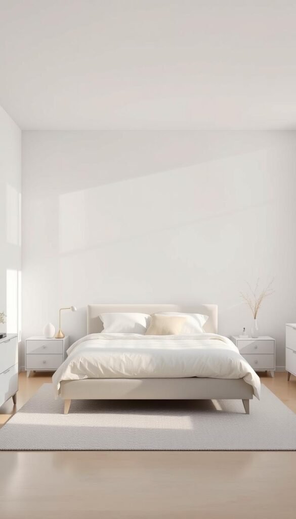 A serene, modern minimalist bedroom with clean lines and a calming, light-filled ambiance. The minimalist design features a soft, neutral color palette of whites and grays, with a plush, inviting bed taking center stage. Diffused natural light streams in through large windows, casting a gentle glow and creating a tranquil, airy atmosphere. The room is sparsely decorated, with a few carefully curated decor pieces that complement the minimalist aesthetic. Sleek, low-profile furniture, including a minimalist nightstand and a minimalist dresser, further enhance the sense of simplicity and calm. The overall effect is a harmonious, relaxing space that embodies the essence of modern, minimalist white room decor.