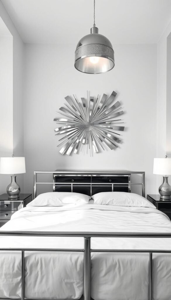 A serene monochromatic bedroom with striking metallic accents. In the foreground, a sleek metal-framed bed with crisp white linens. Atop the bedside tables, gleaming silver lamps cast a warm glow across the space. In the middle ground, a large abstract metal wall sculpture reflects the soft light, creating mesmerizing patterns. The background features a minimalist palette of black and white, with a metallic-trimmed dresser and a shimmering metallic pendant light hovering overhead. The overall atmosphere is one of sophisticated elegance, where the metallic elements seamlessly blend with the monochromatic scheme.
