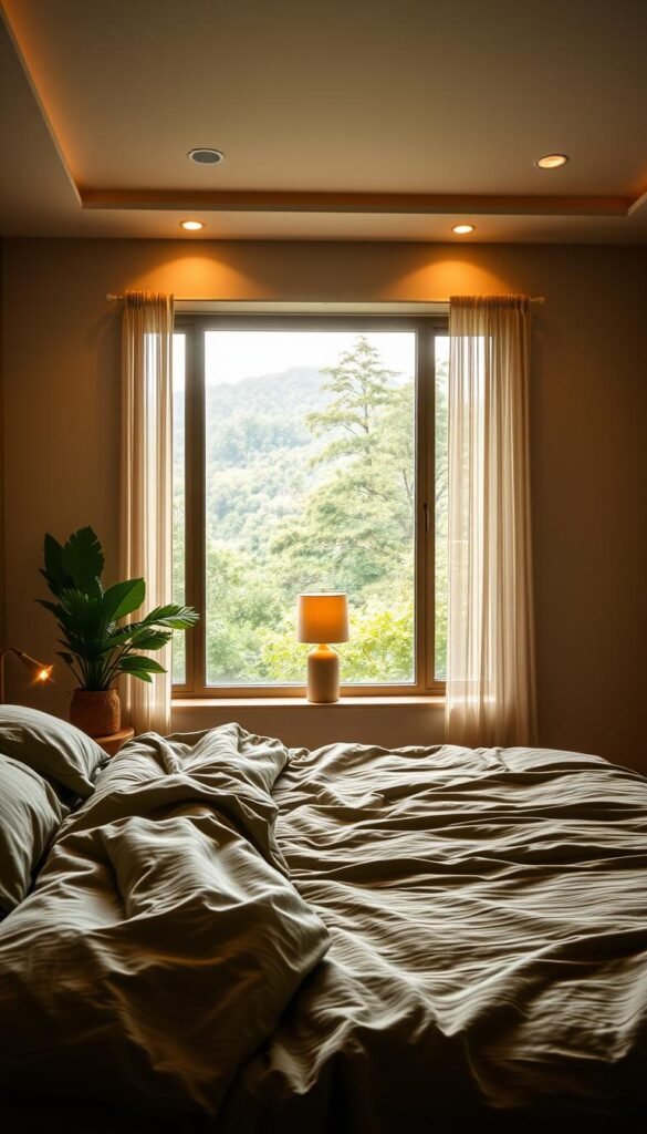 A serene, nature-inspired bedroom bathed in warm, diffused lighting. The foreground features a plush, earthy green bedding set, complemented by a wooden nightstand and a potted plant. In the middle ground, a large window overlooks a lush, verdant landscape, casting a soft, natural glow across the space. Ambient lighting from a tabletop lamp and recessed ceiling fixtures create a cozy, inviting atmosphere. The background is a tranquil, muted palette, with hints of earthy textures and natural materials, evoking a sense of harmony and balance. The overall composition exudes a calming, rejuvenating energy, perfect for a sanctuary of rest and relaxation.