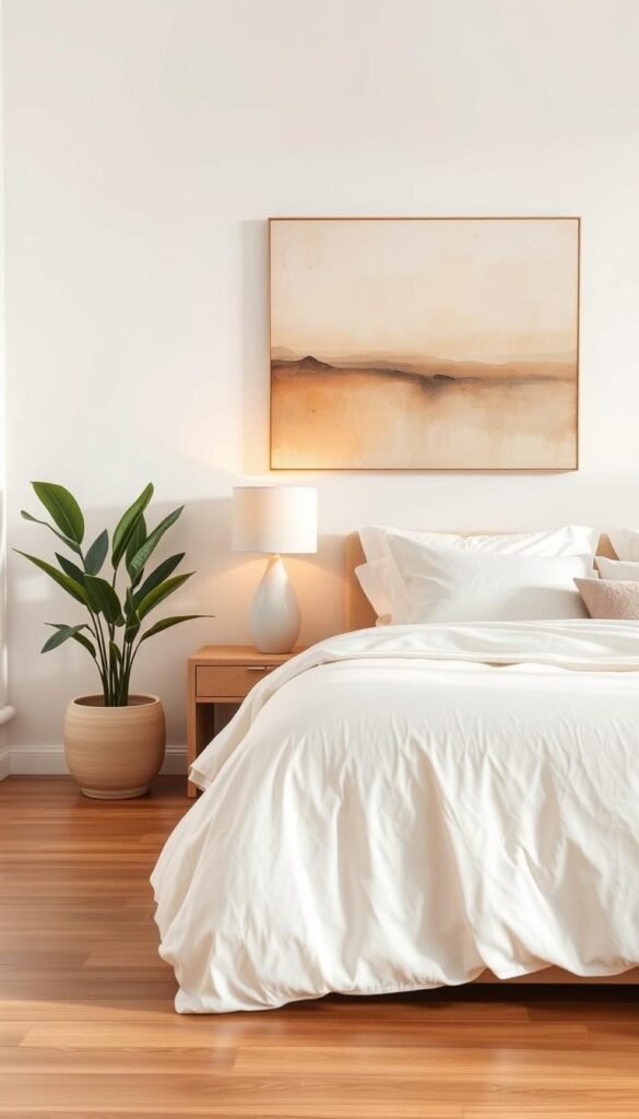 A serene, neutral-toned bedroom scene. In the foreground, a large, plush bed with crisp white linens and neutral-colored throw pillows. On the wall above, an abstract landscape painting in muted earth tones, its brushstrokes creating a sense of tranquility. On the nightstand, a minimalist table lamp with a simple linen shade casts a soft, warm glow. In the middle ground, a large, potted plant in a ceramic pot adds a natural, organic element. The background features wooden floors and neutral-colored walls, creating a calming, harmonious atmosphere. Soft, diffused lighting from a large window bathes the space in a gentle, natural radiance, evoking a sense of serenity and relaxation.