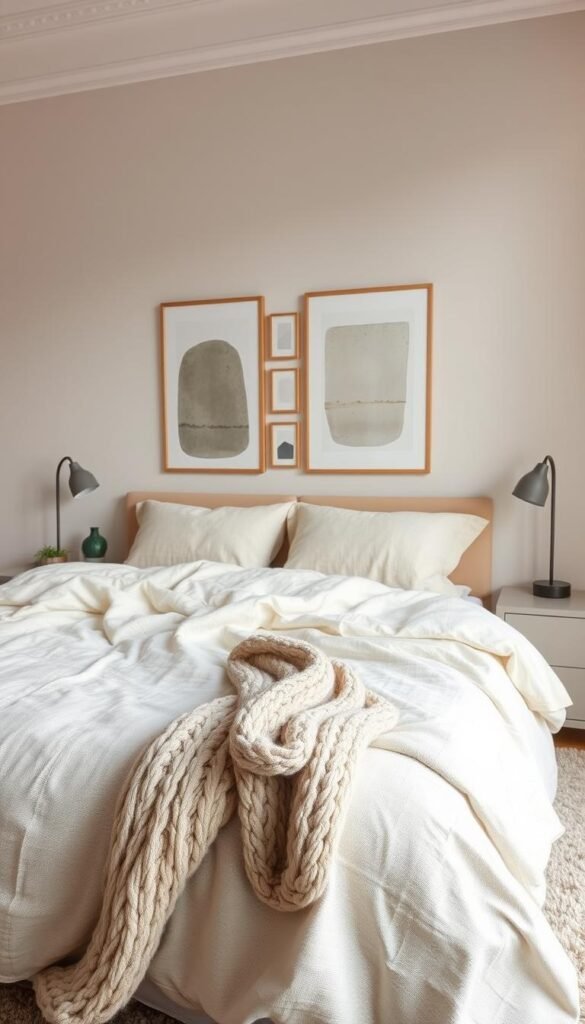 A serene neutral-toned bedroom with layers of soft, inviting textures. In the foreground, a plush, oversized linen duvet cover adorns the bed, its subtle pattern and tactile weave catching the warm, diffused lighting. Midground features a chunky knit throw casually draped at the foot of the bed, its cozy texture complementing the smooth, matte-finished nightstands. In the background, a neutral-toned feature wall showcases an artfully arranged gallery of framed abstract prints, their mixed media creating a nuanced visual depth. Delicate sheer curtains frame the scene, their lightweight, flowing movement adding a sense of gentle tranquility. The overall mood is one of calm sophistication, the layered textures working in harmony to cultivate a soft, serene ambiance. A serene neutral-toned bedroom with layers of soft, inviting textures. In the foreground, a plush, oversized linen duvet cover adorns the bed, its subtle pattern and tactile weave catching the warm, diffused lighting. Midground features a chunky knit throw casually draped at the foot of the bed, its cozy texture complementing the smooth, matte-finished nightstands. In the background, a neutral-toned feature wall showcases an artfully arranged gallery of framed abstract prints, their mixed media creating a nuanced visual depth. Delicate sheer curtains frame the scene, their lightweight, flowing movement adding a sense of gentle tranquility. The overall mood is one of calm sophistication, the layered textures working in harmony to cultivate a soft, serene ambiance.