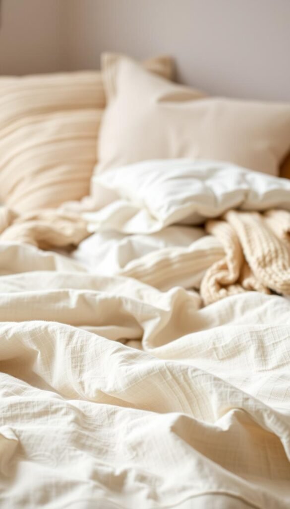 A serene, soft-focus still life of natural bedding textiles, bathed in warm, diffused studio lighting. In the foreground, a plush, woven linen duvet cover with a subtle, organic pattern. In the middle ground, a pile of lofty, ivory-hued cotton sheets, casually folded. In the background, a blend of cozy, neutral-toned knit throws and pillows, exuding a sense of comfort and relaxation. The overall composition emphasizes the inviting, tactile qualities of the materials, creating a soothing, minimalist aesthetic aligned with modern, minimalist bedroom design. A serene, soft-focus still life of natural bedding textiles, bathed in warm, diffused studio lighting. In the foreground, a plush, woven linen duvet cover with a subtle, organic pattern. In the middle ground, a pile of lofty, ivory-hued cotton sheets, casually folded. In the background, a blend of cozy, neutral-toned knit throws and pillows, exuding a sense of comfort and relaxation. The overall composition emphasizes the inviting, tactile qualities of the materials, creating a soothing, minimalist aesthetic aligned with modern, minimalist bedroom design.
