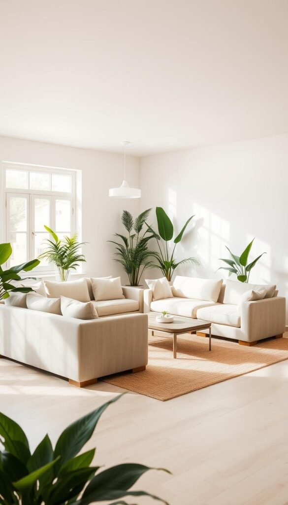 A serene, spacious living room with a neutral color palette. The room features a large, plush sofa in a soft beige tone, accented by a pair of armchairs in a lighter, natural linen hue. The floor is covered in a textured, light-colored area rug, creating a cohesive and calming foundation. The walls are painted in a soothing, off-white shade, allowing the natural light to flood the space and create a sense of openness. Lush, green potted plants are strategically placed throughout the room, adding pops of organic texture and color. The overall atmosphere is one of tranquility and relaxation, with the neutral tones and natural elements working together to create a harmonious and inviting environment.