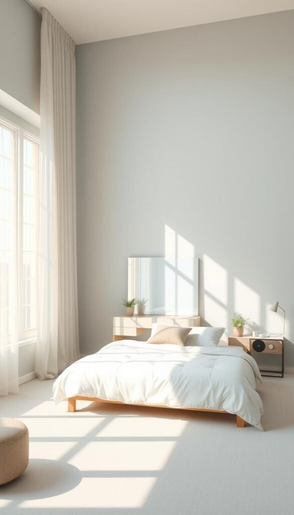 A serene, sun-drenched bedroom bathed in soft, muted tones. The walls are painted in a gentle, pastel blue-gray hue, creating a calming, expansive atmosphere. A large, floor-to-ceiling window floods the room with natural light, casting warm, diffused illumination across the space. Delicate, sheer curtains billow in the breeze, adding a touch of airy elegance. A plush, white bedding set sits atop a minimalist, wooden bed frame, complemented by soft throw pillows in complementary hues. A sleek, mirrored vanity reflects the natural light, visually expanding the room and creating a sense of openness and tranquility. Subtle, ambient lighting from bedside lamps casts a gentle, soothing glow, while a small, potted plant adds a natural, rejuvenating touch to the serene, light-filled sanctuary.