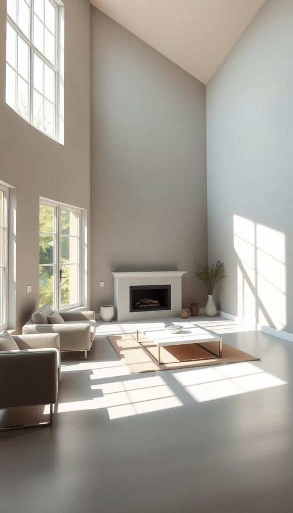 A serene, sun-drenched living room with seamless, minimalist walls in a soft, muted shade of gray. The paint color flows uninterrupted, creating a calming, cohesive ambiance. Sunlight streams in through large windows, casting a warm, natural glow across the space. The walls have a subtle, velvety texture, reflecting the high-quality paint finish. The room is sparsely furnished, with clean-lined, modern furniture pieces that complement the understated palette. An overall sense of harmony and visual unity pervades the scene, highlighting the power of a unified paint color to elevate the design.