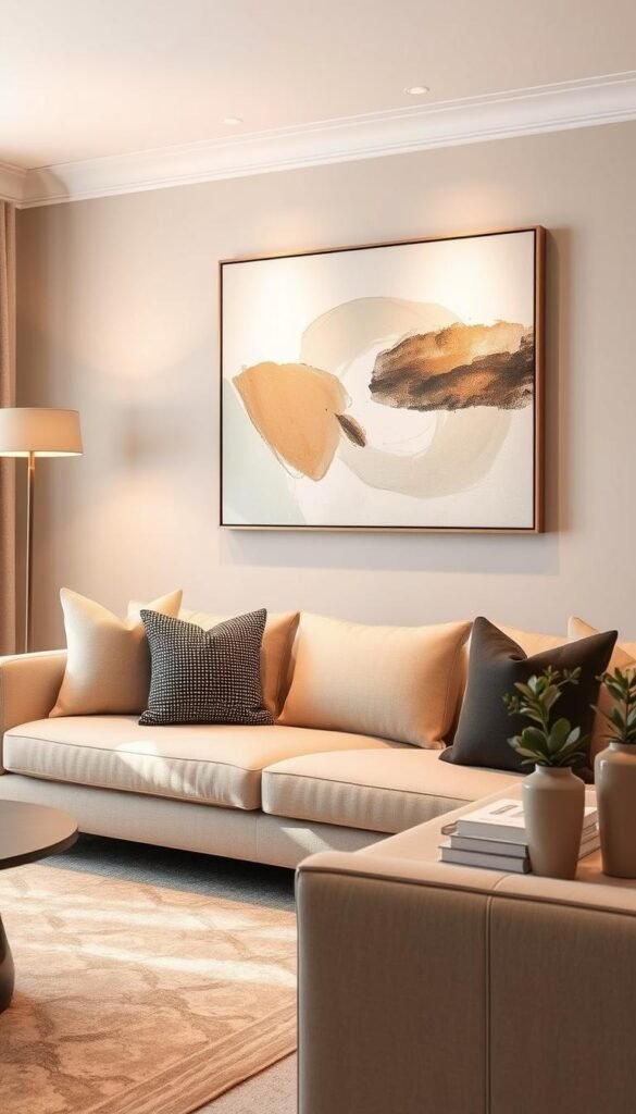 A serene, transitional living room showcases a captivating artwork on the wall. The piece features a harmonious blend of abstract shapes and fluid brushstrokes, creating a sense of balance and movement. Warm lighting from a sleek floor lamp casts a gentle glow, highlighting the interplay of light and shadow across the canvas. The artwork's neutral tones complement the room's refined palette of beige, gray, and natural wood accents, seamlessly tying the space together. The composition evokes a peaceful, contemplative atmosphere, inviting the viewer to pause and appreciate the artwork's calming presence within the refined, yet inviting, living room setting.