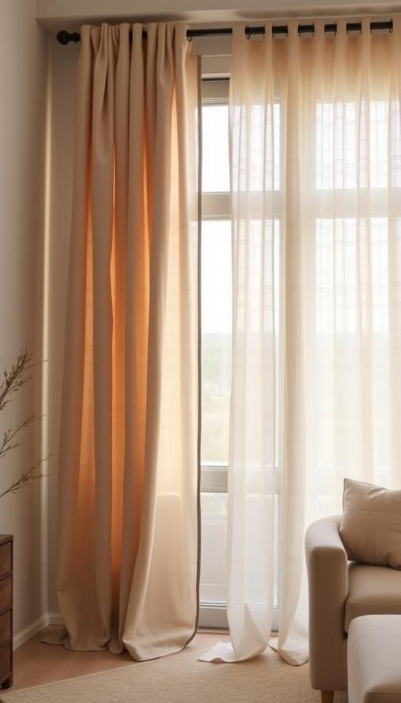 A set of delicate, linen-like neutral curtains with a soft, organic texture cascades elegantly across a large window, casting gentle shadows and adding depth to the serene living space. Warm, diffused lighting filters through the fabric, creating a cozy and inviting atmosphere. The curtains' subtle undulations and natural folds add visual interest, while their muted tones harmonize seamlessly with the room's neutral color palette. The overall effect is one of refined sophistication and a touch of bohemian charm, perfectly complementing the polished and modern aesthetic of the space.