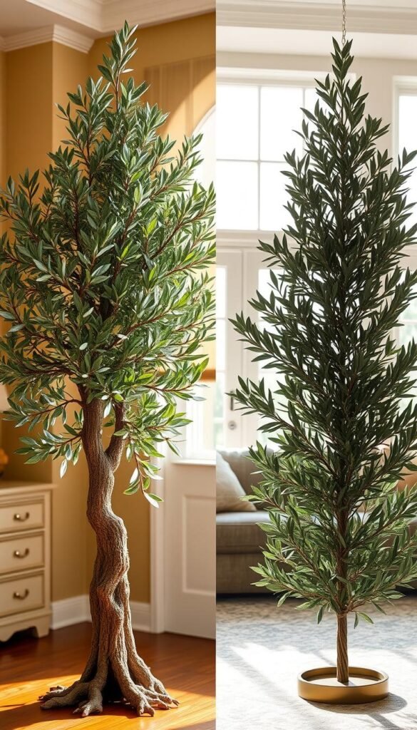 A side-by-side comparison of a lush, verdant real olive tree and a meticulously crafted faux olive tree, set against a warm, sunlit living room interior. The real tree's gnarled trunk, delicate silvery-green leaves, and subtle movement evoke a sense of natural elegance, while the faux counterpart displays its flawless, static foliage with a polished, decorative presence. Soft, diffused lighting from large windows bathes the scene in a gentle glow, highlighting the textures and details of both trees. The contrast between the living and artificial specimens invites the viewer to consider the unique attributes and suitability of each for a living room setting.