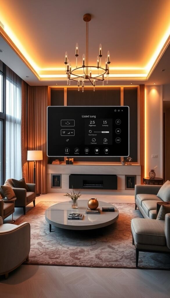 A sleek and modern smart lighting control system prominently displayed in the center of an elegant living room. The system features a minimalist, touchscreen interface with intuitive controls for adjusting the brightness, color temperature, and multiple lighting zones throughout the space. Sophisticated ambient lighting bathes the room in a warm, golden glow, creating a cozy and inviting atmosphere. High-end furniture, plush textiles, and luxurious decor elements surround the lighting control system, complementing the overall aesthetic. The scene is captured from an angle that showcases the seamless integration of technology and interior design, reflecting the "Modern Luxury Living Room Lighting Ideas for Mood and Style" theme.