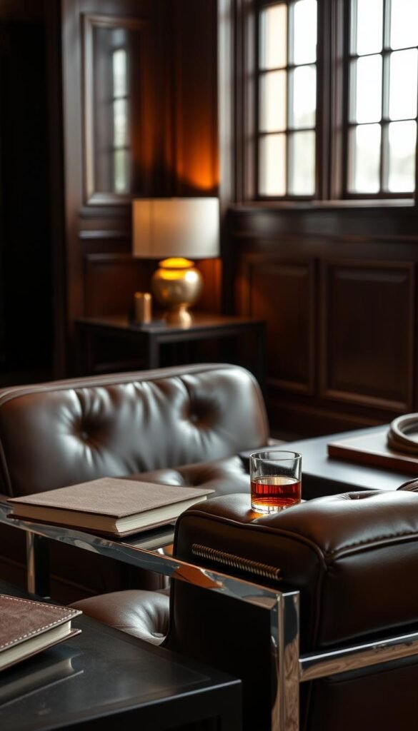 A sleek and sophisticated leather-accented decor scene. In the foreground, a plush leather armchair with tufted details and a polished metal frame. On a side table nearby, a leather-bound book and a glass tumbler with amber liquor. The middle ground features a smooth, dark wood end table with a minimalist lamp and a coiled leather catchall tray. The background showcases warm, moody lighting filtering through large windows, casting a soft glow on the scene. The overall atmosphere is one of refined masculine elegance, inviting the viewer to relax and unwind in a well-appointed private retreat.