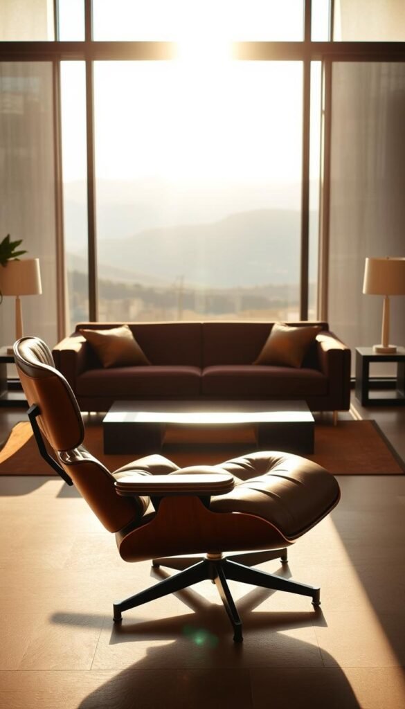A sleek and sophisticated midcentury living room, bathed in warm, golden light. In the foreground, an iconic Eames lounge chair and ottoman sit proudly, their bent plywood and leather construction a study in timeless elegance. Behind, a Florence Knoll sofa in rich, tufted velvet anchors the space, flanked by a pair of understated, angular side tables. In the background, a floor-to-ceiling window frames a serene, minimalist landscape, casting a gentle glow across the room. The scene exudes a sense of effortless, mid-20th century cool, inviting the viewer to sink into the comfortable, yet stylish furnishings. A sleek and sophisticated midcentury living room, bathed in warm, golden light. In the foreground, an iconic Eames lounge chair and ottoman sit proudly, their bent plywood and leather construction a study in timeless elegance. Behind, a Florence Knoll sofa in rich, tufted velvet anchors the space, flanked by a pair of understated, angular side tables. In the background, a floor-to-ceiling window frames a serene, minimalist landscape, casting a gentle glow across the room. The scene exudes a sense of effortless, mid-20th century cool, inviting the viewer to sink into the comfortable, yet stylish furnishings.