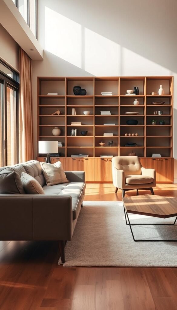 A sleek, mid-century modern living room setting with a focus on functional furniture design. In the foreground, a low-profile, angular sofa with tapered wooden legs and plush, tufted upholstery. Beside it, a matching armchair with a curved silhouette. On the middle ground, a geometric coffee table with a wooden top and slender metal frame. In the background, a floor-to-ceiling bookshelf with clean, minimalist shelves displaying curated decor pieces. The room is bathed in warm, natural lighting, creating a cozy and inviting atmosphere. The overall aesthetic is a harmonious blend of form and function, reflecting the key principles of mid-century modern design. A sleek, mid-century modern living room setting with a focus on functional furniture design. In the foreground, a low-profile, angular sofa with tapered wooden legs and plush, tufted upholstery. Beside it, a matching armchair with a curved silhouette. On the middle ground, a geometric coffee table with a wooden top and slender metal frame. In the background, a floor-to-ceiling bookshelf with clean, minimalist shelves displaying curated decor pieces. The room is bathed in warm, natural lighting, creating a cozy and inviting atmosphere. The overall aesthetic is a harmonious blend of form and function, reflecting the key principles of mid-century modern design.
