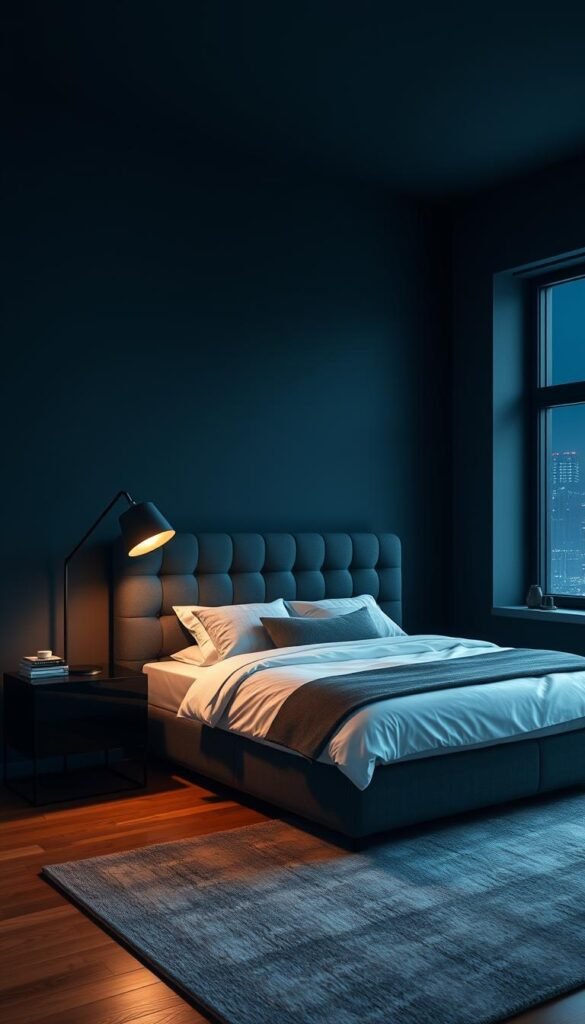 A sleek, minimalist bedroom with a monochromatic color scheme. The walls are painted in a deep charcoal gray, creating a cozy and sophisticated atmosphere. A large, tufted gray headboard dominates the focal point, complemented by crisp white bedding and plush gray throw pillows. In the corner, a modern floor lamp casts a warm, diffused glow, illuminating the space. The hardwood floor is covered by a soft, textured gray rug, tying the room together seamlessly. Through the window, a dimly lit cityscape can be seen, adding to the moody, urban vibe. The overall effect is a harmonious, masculine retreat exuding a sense of tranquility and refined style.