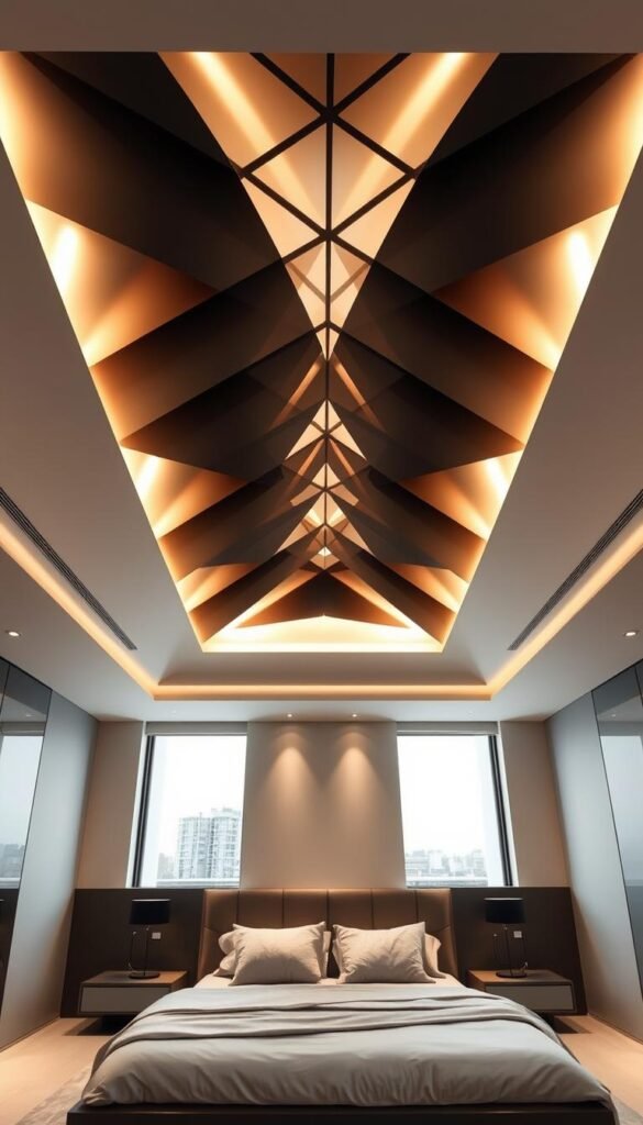 A sleek, modern bedroom with a stunning ceiling design. The focal point is a striking geometric pattern that cascades from the center, casting intricate shadows and highlights across the space. Recessed lighting accentuates the angular design, creating a warm, atmospheric glow. The ceiling merges seamlessly with the minimalist walls, creating a cohesive, high-end aesthetic. Large windows allow natural light to flood the room, complementing the modern, sophisticated vibe. Soft, muted tones in the bedding and furnishings balance the angular ceiling, resulting in a calming, luxurious retreat.