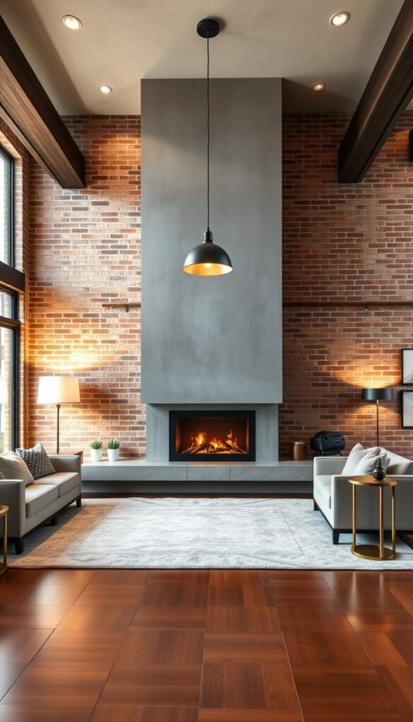 A sleek, modern concrete fireplace takes center stage in a spacious, industrial-inspired living room. Soft lighting from overhead fixtures casts a warm glow, highlighting the smooth, textured surface of the fireplace. The concrete mantel extends outward, creating a bold, minimalist silhouette against the backdrop of exposed brick walls and gleaming hardwood floors. Plush, neutral-toned furnishings and a large, area rug define the cozy seating area, while metallic accents, such as a pendant light and side tables, add a touch of sophistication. The overall atmosphere is one of refined simplicity, blending the raw, industrial elements with a sense of comfort and elegance.