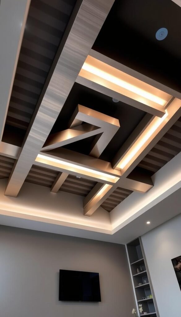 A sleek, modern living room with a cutting-edge ceiling design. The focal point is a stunning geometric pattern of intersecting metallic beams that create a mesmerizing play of light and shadow. The beams are brushed aluminum, casting a warm, industrial-chic glow across the space. The ceiling is high, with a minimalist recessed lighting system that illuminates the room with a soft, even light. The walls are a neutral shade of gray, allowing the architectural details of the ceiling to take center stage. The overall atmosphere is one of refined elegance and sophisticated style, perfectly suited for a modern luxury living room. A sleek, modern living room with a cutting-edge ceiling design. The focal point is a stunning geometric pattern of intersecting metallic beams that create a mesmerizing play of light and shadow. The beams are brushed aluminum, casting a warm, industrial-chic glow across the space. The ceiling is high, with a minimalist recessed lighting system that illuminates the room with a soft, even light. The walls are a neutral shade of gray, allowing the architectural details of the ceiling to take center stage. The overall atmosphere is one of refined elegance and sophisticated style, perfectly suited for a modern luxury living room.