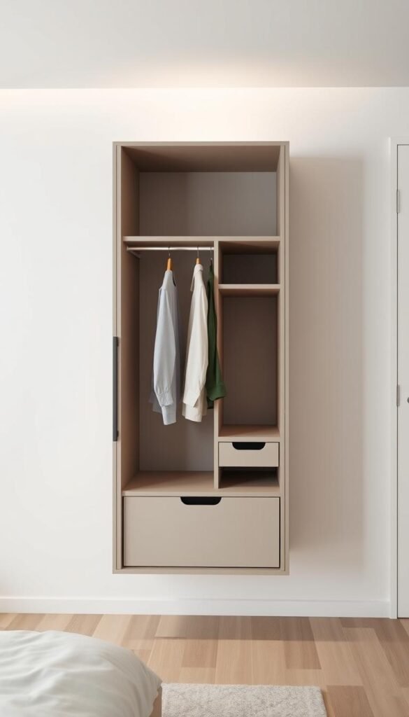 A sleek, modern wall-mounted wardrobe set against a minimalist white backdrop. The wardrobe features clean lines and a muted color palette, with a combination of hanging rods, shelves, and hidden drawers to maximize storage in a small bedroom space. Soft, diffused lighting from above gently illuminates the wardrobe, creating a warm and inviting atmosphere. The wardrobe is mounted flush to the wall, leaving the floor unobstructed for a spacious, uncluttered feel. The scene is captured from a slightly elevated angle, showcasing the wardrobe's streamlined design and elegant integration with the surrounding decor.