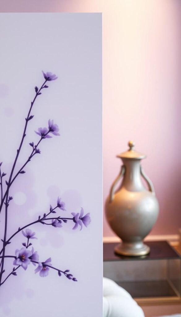 A soft, dreamlike lavender artwork in the foreground, featuring delicate floral patterns and hazy, impressionistic brushstrokes. In the middle ground, an ornate lavender-toned vase or decorative accent piece, subtly illuminated by warm, diffused lighting. The background showcases a serene, minimalist lavender-colored wall, creating a calming, feminine ambiance. The overall composition exudes a sense of tranquility and refined elegance, perfectly complementing the serene and sophisticated "Lavender Living Room Decor" theme.