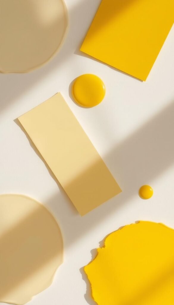 A soft, warm glow illuminates a selection of gentle yellow paint samples, their tones ranging from soft buttercream to sun-kissed lemon. The samples are arranged on a crisp white background, casting subtle shadows that add depth and dimension. The lighting is natural and diffuse, creating a calming, inviting atmosphere. The overall scene evokes a sense of serenity and simplicity, perfect for a serene, bright living space. The angle is slightly elevated, providing a comprehensive view of the paint options while maintaining a clean, uncluttered composition.