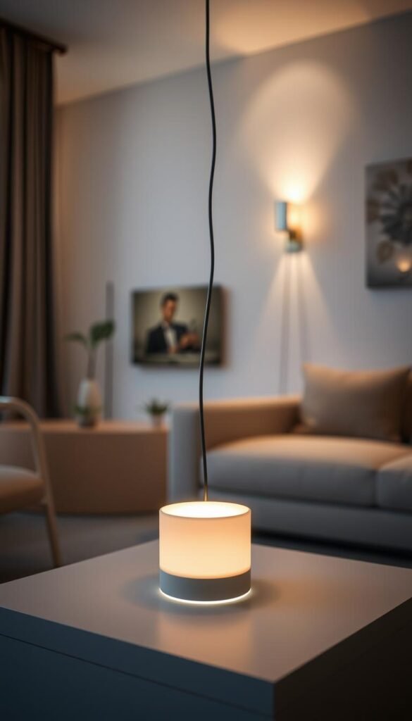 A softly lit living room, the focus centered on a creatively concealed cord lighting fixture. The foreground showcases a modern, minimalist lamp design with a sleek, cylindrical body and a diffused, warm glow emanating from the base. The middle ground reveals cleverly routed cables tucked into the wall, blending seamlessly with the neutral-toned decor. In the background, a cozy seating arrangement and subtle wall sconces create a harmonious, inviting ambiance, enhanced by the controlled, atmospheric lighting. The overall scene exudes a sense of understated elegance and thoughtful design, setting the perfect mood for a relaxing, modern living space.