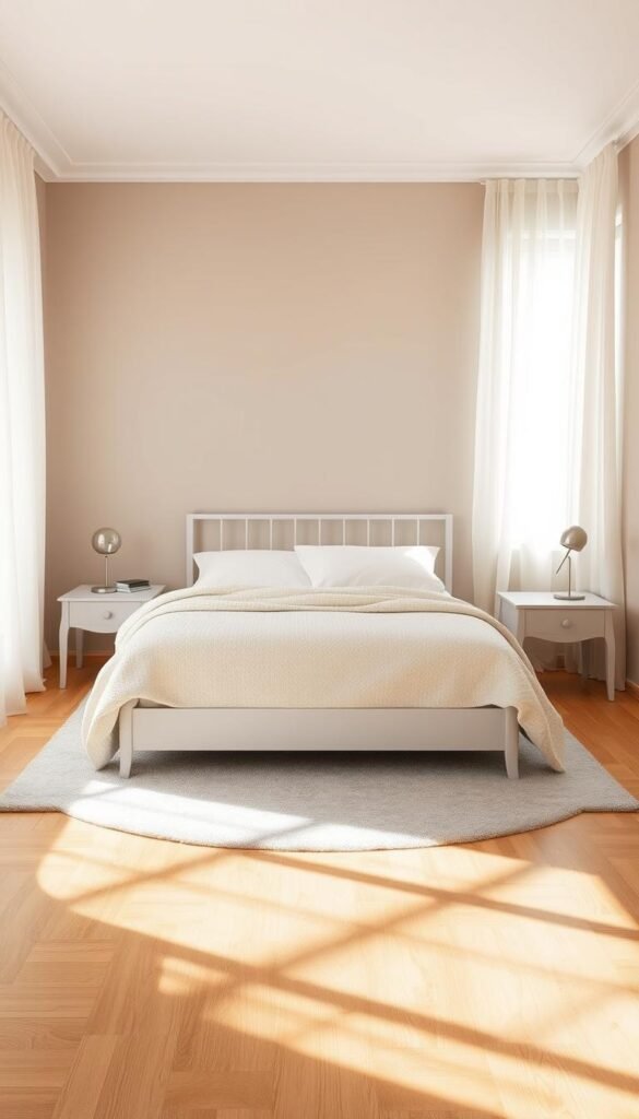 A soothing bedroom bathed in a soft, neutral color spectrum. The walls are painted in a muted shade of taupe, complemented by sheer, ivory curtains that filter the natural light. The wooden flooring is a warm, honey-toned oak, and a plush, gray area rug anchors the space. A minimalist, white-framed bed takes center stage, dressed in textured, cream-colored linens. Nightstands in a pale, silvery-gray flank the bed, each topped with a simple, glass-domed lamp that casts a gentle, ambient glow. The overall atmosphere is one of tranquility and comfort, inviting a sense of relaxation and rest. A soothing bedroom bathed in a soft, neutral color spectrum. The walls are painted in a muted shade of taupe, complemented by sheer, ivory curtains that filter the natural light. The wooden flooring is a warm, honey-toned oak, and a plush, gray area rug anchors the space. A minimalist, white-framed bed takes center stage, dressed in textured, cream-colored linens. Nightstands in a pale, silvery-gray flank the bed, each topped with a simple, glass-domed lamp that casts a gentle, ambient glow. The overall atmosphere is one of tranquility and comfort, inviting a sense of relaxation and rest.