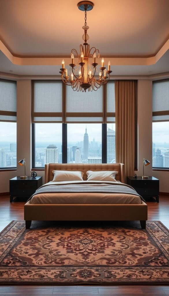A sophisticated bedroom decor with a mix of contemporary and vintage elements. In the foreground, a plush, tufted headboard in a rich, velvety fabric anchors the space. Flanking it are sleek, minimalist nightstands with tapered legs and understated hardware. Overhead, a statement chandelier casts a warm, ambient glow, its intricate metalwork reflecting the light. In the middle ground, a vintage-inspired area rug in a subtle, muted palette grounds the scene, complementing the neutral color scheme. In the background, floor-to-ceiling windows offer panoramic city views, lending an air of cosmopolitan elegance. The lighting is a harmonious blend of soft, diffused natural light and carefully positioned task lighting, creating a cozy and inviting atmosphere.