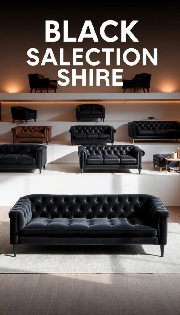 A sophisticated black sofa selection guide, showcased in a contemporary, minimalist living room. The foreground features a centered, plush velvet sofa in a deep, inky black, its elegant silhouette and tufted design inviting closer inspection. The middle ground showcases various sofa styles and materials - sleek leather, modern modular, and classic chesterfield - arranged in a cohesive display, allowing for a side-by-side comparison. The background is a serene, light-filled space with warm, diffused lighting, emphasizing the sophisticated ambiance. Subtle shadows and reflections add depth and dimension, while the overall composition conveys a sense of refined elegance and considered design.