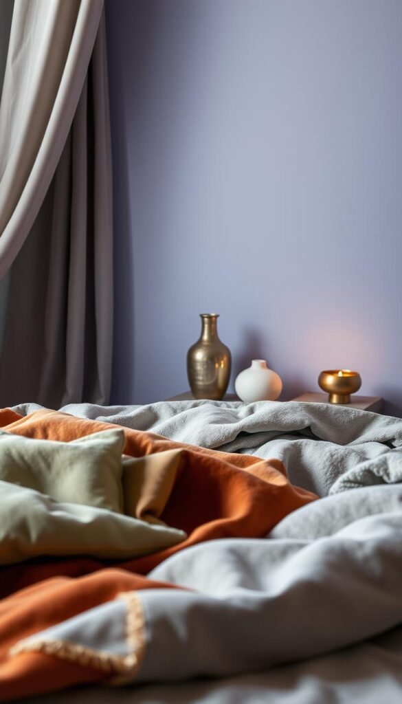 A sophisticated color palette unfolds, a harmonious dance of hues. In the foreground, a graceful arrangement of plush textiles in muted tones of sage, terracotta, and soft gray. The middle ground showcases a curated selection of decorative elements, each piece a study in artful minimalism - a sleek metallic vase, a delicate ceramic figurine, a statement lighting fixture casting a warm, ambient glow. The background is a gentle gradient, blending shades of blue and lavender, evoking a sense of serenity and timeless elegance. Captured through the lens of a high-end camera, the image exudes a refined, sophisticated aesthetic, perfect for a romantic bedroom decor without the clichés.