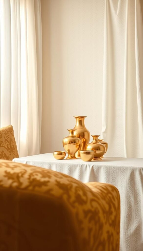 A sophisticated color study showcasing the elegant harmony of gold and white. In the foreground, lush golden damask textures and intricate patterns create a luxurious, regal atmosphere. The middle ground features a refined still life arrangement of gleaming gold-rimmed vases and vessels against a subtly textured white backdrop. Soft, warm lighting casts a gentle glow, accentuating the opulent, glamorous mood. In the background, wispy white curtains billow softly, framing the serene, sophisticated scene. The overall composition exudes a sense of timeless sophistication, capturing the essential color principles of a harmonious gold and white palette.