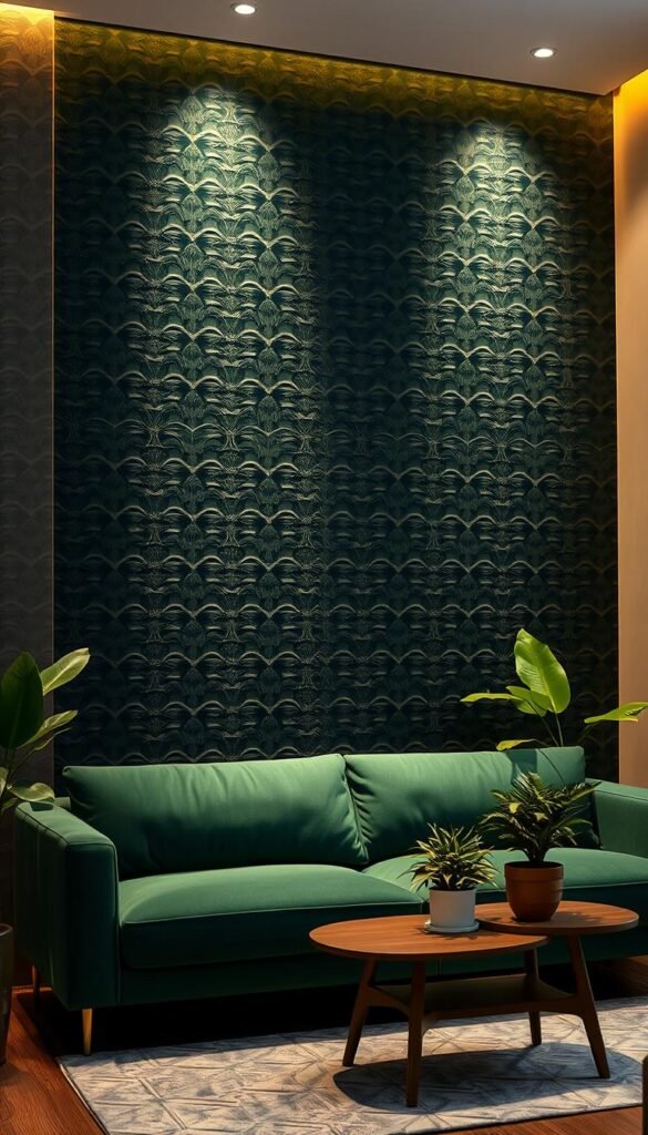 A sophisticated dark green accent wall, illuminated by soft, warm lighting casting a gentle glow. The wall's textured surface features intricate geometric patterns, creating depth and visual interest. In the foreground, a plush, modern sofa in a complementary hue invites relaxation, while a mid-century inspired coffee table and lush potted plants add touches of nature. The overall atmosphere exudes a sense of refined elegance and tranquility, perfect for a luxurious, yet cozy living room design.