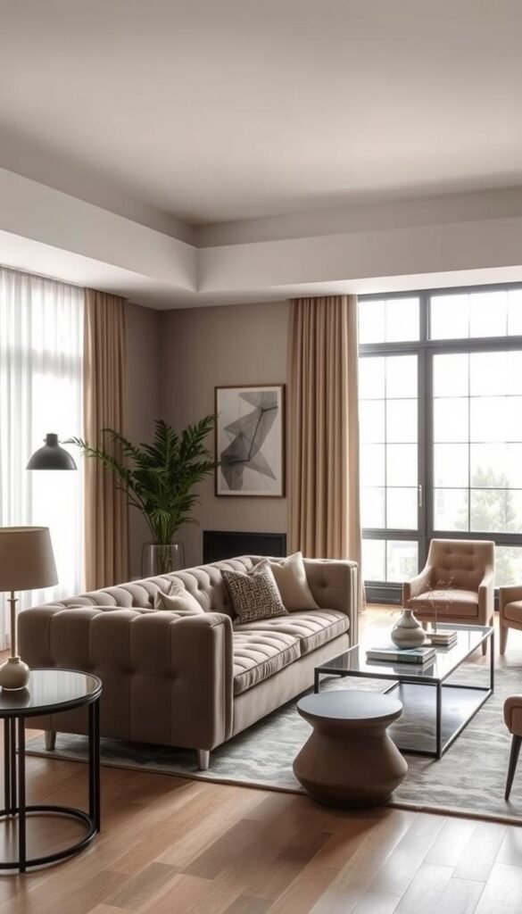 A sophisticated living room featuring a darker beige color palette. Soft, muted tones create a cozy and inviting atmosphere, with plush textures and clean, modern lines. Diffused lighting filters through large windows, casting a warm glow across the space. A sleek, tufted sofa takes center stage, complemented by accent chairs and a stylish coffee table. Subtle patterns and organic elements, such as natural wood and greenery, add depth and visual interest. The overall aesthetic is elegant and refined, reflecting a sense of understated luxury.