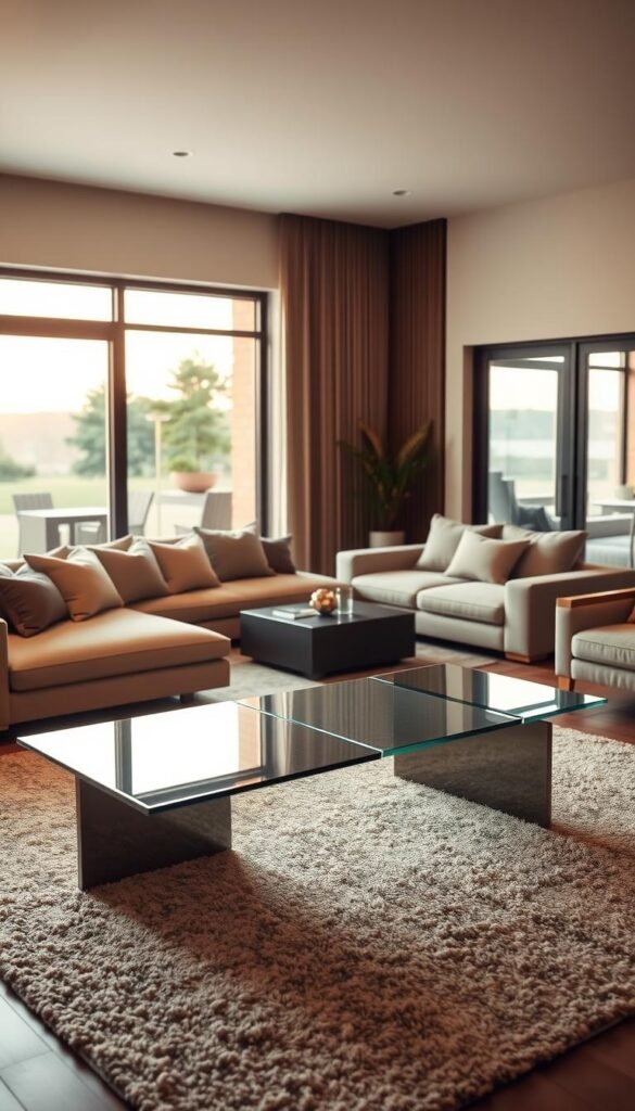 A sophisticated living room with a captivating split coffee table arrangement. In the foreground, a sleek, modern glass coffee table is divided into two distinct sections, creating a dynamic visual flow. Soft, warm lighting casts a cozy glow, complementing the rich, textured area rug beneath. The middle ground features plush, modular seating in a muted palette, inviting relaxation. In the background, large windows frame a serene outdoor scene, blending the indoor and outdoor spaces seamlessly. The overall atmosphere exudes a sense of refined elegance and effortless style, perfect for a sophisticated living room.