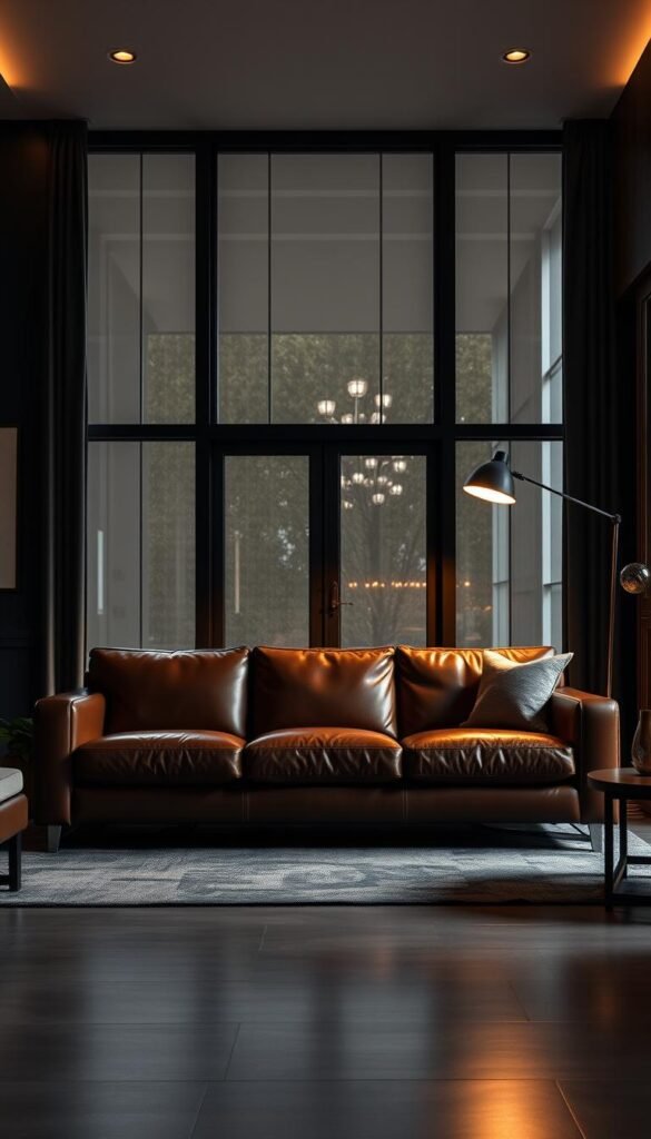 A sophisticated, modern living room with a sleek, brown leather sofa as the centerpiece. The sofa is positioned in front of a large window, allowing natural light to filter in and cast a warm, moody glow. The room is decorated with a minimalist, monochromatic palette, featuring dark wood accents and muted textiles that complement the leather. The lighting is a mix of soft, indirect overhead illumination and a single, elegant floor lamp that casts a gentle, atmospheric ambiance. The angle captures the sofa in a three-quarter view, showcasing its clean lines and luxurious texture. The overall scene evokes a sense of relaxed, refined elegance that perfectly suits the "Moody Modern" theme.