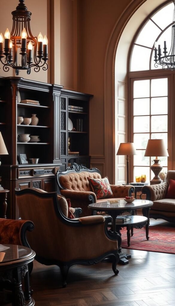 A sophisticated selection of modern Victorian furniture, meticulously arranged in a warm, well-lit setting. Antique armchairs and sofas upholstered in rich velvets and brocades, complemented by ornately carved, dark wood side tables and shelving units. Elegant floor lamps with intricate metalwork cast a soft, ambient glow, while a large, arched window allows natural light to filter in, creating a harmonious blend of old and new. The overall aesthetic is one of timeless elegance and refined sophistication, inviting the viewer to imagine themselves in this cozy, yet strikingly modern Victorian-inspired space.