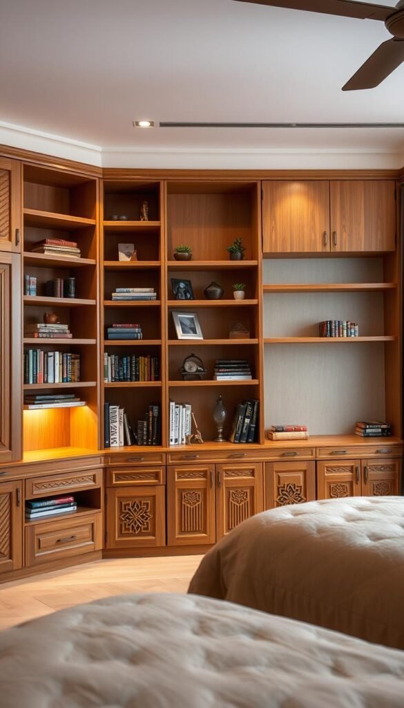 A spacious Indian bedroom with cozy ambiance, filled with customized storage solutions that seamlessly blend form and function. In the foreground, a neatly arranged set of modular shelves and cabinets in warm, natural wood tones, offering ample storage space for books, decor, and personal items. In the middle ground, a harmonious mix of open shelving and closed cabinetry, with intricate carving patterns that add visual interest. The background features a serene, neutral-toned wall, highlighting the carefully curated storage solutions. Soft, diffused lighting creates a welcoming atmosphere, casting gentle shadows and emphasizing the clean, minimalist design. The overall scene conveys a sense of organization, efficiency, and a touch of traditional Indian aesthetic.