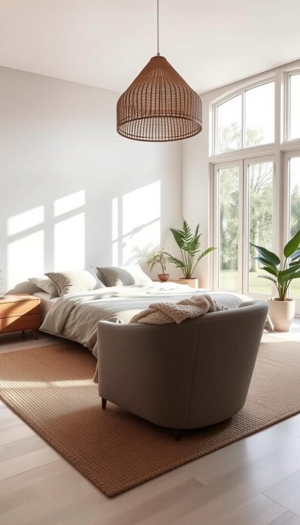 A spacious, airy bedroom with natural light streaming through large windows. A plush, organic bed with a linen duvet and a pair of minimalist wood nightstands on either side. In the corner, a sleek, curved armchair with a chunky knit throw. Smooth, whitewashed wood floors are covered by a textured, natural-fiber rug. The walls feature a soft, neutral color palette, complemented by the warm wood tones and greenery from a potted plant. Ambient lighting from a rattan pendant lamp casts a cozy glow. The overall atmosphere is serene, calming, and in harmony with the natural world. A spacious, airy bedroom with natural light streaming through large windows. A plush, organic bed with a linen duvet and a pair of minimalist wood nightstands on either side. In the corner, a sleek, curved armchair with a chunky knit throw. Smooth, whitewashed wood floors are covered by a textured, natural-fiber rug. The walls feature a soft, neutral color palette, complemented by the warm wood tones and greenery from a potted plant. Ambient lighting from a rattan pendant lamp casts a cozy glow. The overall atmosphere is serene, calming, and in harmony with the natural world.