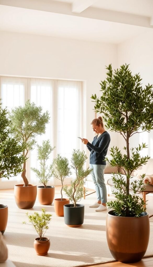 A spacious, airy living room flooded with natural light. Centered in the frame, a person meticulously examines a range of potted olive trees, carefully considering their sizes and shapes. The trees, their lush green foliage contrasting against the room's light-colored walls, stand in various sizes, from petite specimens to larger, more stately examples. The viewer's attention is drawn to the task at hand, the person's expression one of thoughtful contemplation as they determine the perfect olive tree to complement the room's elegant, minimalist decor. Soft, diffused lighting casts a warm, inviting glow, creating an atmosphere of tranquility and inspiration.