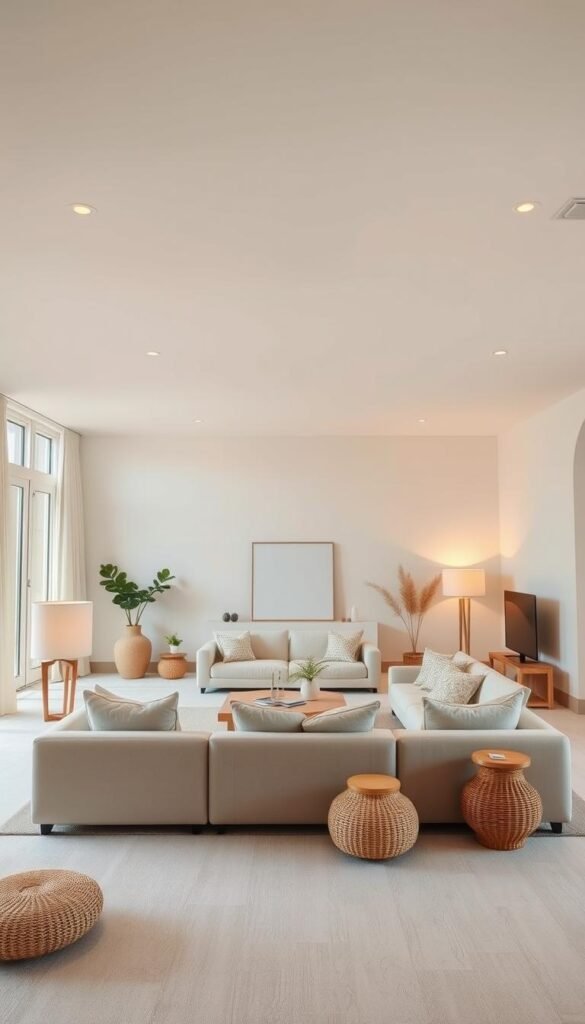 A spacious, airy living room with a neutral color palette serving as a blank canvas. The room features clean-lined, minimalist furniture in shades of beige, ivory, and gray, creating a calming, cohesive backdrop. Warm, diffused lighting from recessed ceiling fixtures and floor lamps casts a soft glow, accentuating the room's sense of serenity. Expansive windows allow natural light to flood the space, while simple, textured decor elements like woven baskets and potted plants add subtle touches of organic warmth. The overall aesthetic is sophisticated, understated, and primed to serve as a versatile foundation for eclectic design accents and personal touches.