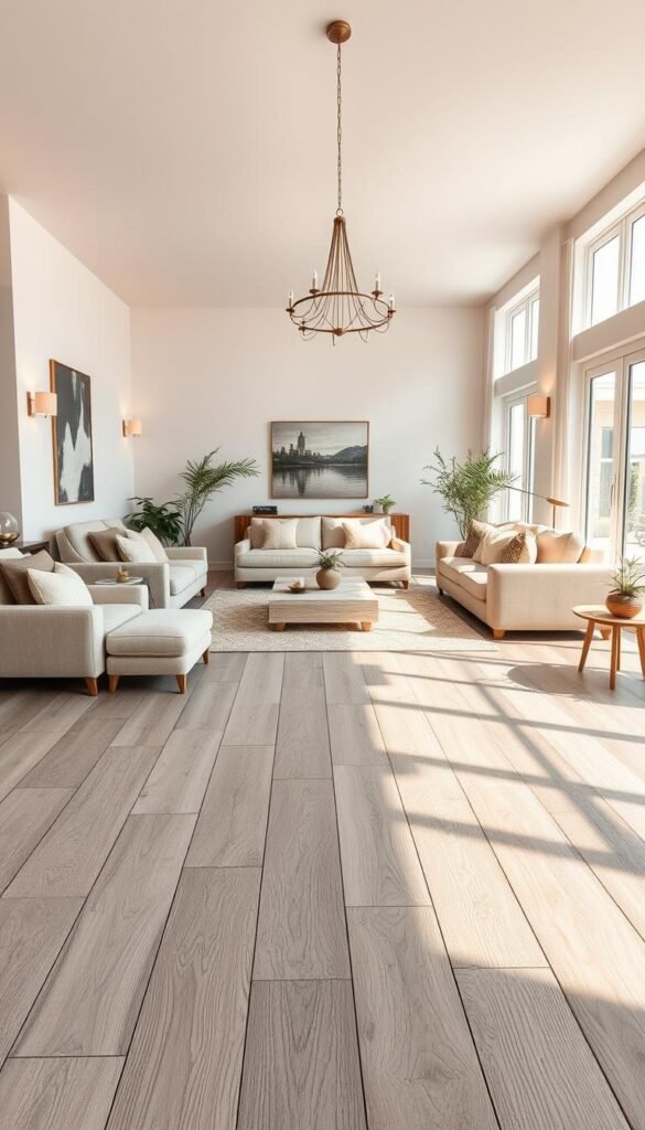 A spacious, airy living room with harmonious design principles. The focal point is a rustic, weathered wood floor in a warm gray hue, seamlessly blending with the neutral color palette. Plush, soft furnishings in complementary shades of beige and taupe create a cozy, inviting ambiance. Sleek, minimalist furniture with clean lines and natural textures echoes the earthy tones. Warm, indirect lighting from wall sconces and a statement chandelier casts a gentle glow, enhancing the tranquil atmosphere. Large windows allow natural light to flood the space, accentuating the sense of openness and balance. Subtle, organic accents like potted plants and textured rugs complete the harmonious, visually pleasing design.
