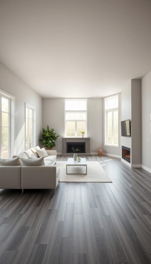 A spacious, airy living room with neutral tones and a harmonious palette. The walls are painted in a soft, muted shade of gray, creating a calming and sophisticated ambiance. The floors are covered in a beautiful, smooth gray hardwood, adding depth and texture to the space. The room is well-lit, with natural light streaming in through large windows, casting a warm, inviting glow. The furniture is minimal and modern, with clean lines and neutral upholstery, allowing the focus to remain on the subtle interplay of the wall and floor colors. The overall atmosphere is one of tranquility and balance, perfectly complementing the soothing tones of the gray floors and walls.