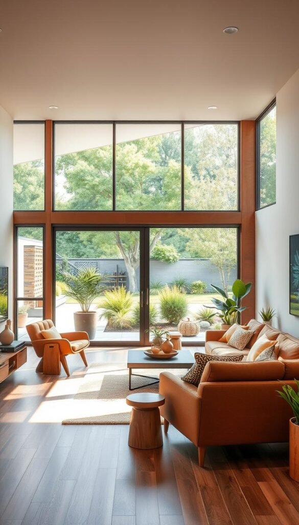 A spacious and airy mid-century modern living room, with floor-to-ceiling glass doors that seamlessly connect the interior to a lush, verdant outdoor patio. Warm, diffused natural light filters in, casting a cozy, inviting glow. Plush, earthy-toned seating and sleek, angular furniture create a harmonious blend of form and function. A large, picture window frames a picturesque view of a well-manicured garden, blurring the boundaries between indoor and outdoor living. Strategically placed potted plants and natural wood accents further enhance the organic, biophilic atmosphere, fostering a profound sense of connection to the natural world. A spacious and airy mid-century modern living room, with floor-to-ceiling glass doors that seamlessly connect the interior to a lush, verdant outdoor patio. Warm, diffused natural light filters in, casting a cozy, inviting glow. Plush, earthy-toned seating and sleek, angular furniture create a harmonious blend of form and function. A large, picture window frames a picturesque view of a well-manicured garden, blurring the boundaries between indoor and outdoor living. Strategically placed potted plants and natural wood accents further enhance the organic, biophilic atmosphere, fostering a profound sense of connection to the natural world.