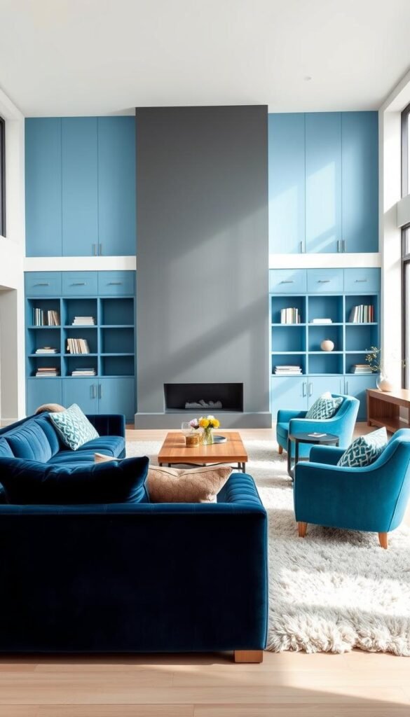 A spacious and airy modern living room with an elegant blue color palette. The room is bathed in soft, diffused natural light from large windows, creating a serene and calming atmosphere. In the foreground, a plush velvet sofa in a rich navy blue hue sits atop a fluffy ivory rug. Accent chairs in a lighter azure tone provide comfortable seating. The middle ground features a sleek wooden coffee table and a minimalist fireplace in a muted slate gray. The background showcases floor-to-ceiling bookcases in a light cerulean blue, creating a visually striking focal point. Subtle textures, such as woven throws and patterned pillows, add depth and visual interest. Overall, the room exudes a sophisticated and relaxing vibe, perfect for a cool and contemporary home. A spacious and airy modern living room with an elegant blue color palette. The room is bathed in soft, diffused natural light from large windows, creating a serene and calming atmosphere. In the foreground, a plush velvet sofa in a rich navy blue hue sits atop a fluffy ivory rug. Accent chairs in a lighter azure tone provide comfortable seating. The middle ground features a sleek wooden coffee table and a minimalist fireplace in a muted slate gray. The background showcases floor-to-ceiling bookcases in a light cerulean blue, creating a visually striking focal point. Subtle textures, such as woven throws and patterned pillows, add depth and visual interest. Overall, the room exudes a sophisticated and relaxing vibe, perfect for a cool and contemporary home.
