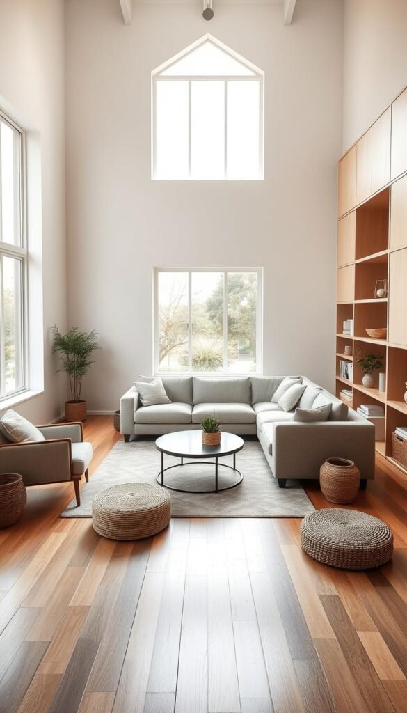 A spacious and harmonious living room layout with a central low-profile sofa arranged in an L-shape, complemented by a pair of cozy armchairs. Abundant natural light filters through large windows, casting a warm glow on the hardwood flooring and minimalist decor. Sleek built-in shelving units flank the room, offering ample storage and display space. A small, circular coffee table anchors the seating area, with a modern area rug defining the zone. Subtle textural elements, such as woven baskets and potted plants, add depth and a sense of coziness to the streamlined design. The overall atmosphere is one of calm, functionality, and refined sophistication.