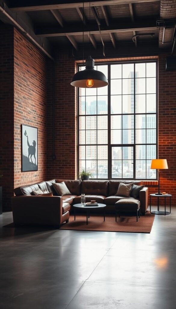 A spacious and inviting industrial-style living room, featuring a plush leather sofa and matching armchair framed by exposed brick walls. Warm, soft lighting illuminates the room, casting a cozy glow on the polished concrete floors and minimalist decor. A large, industrial-style pendant light hangs overhead, casting interesting shadows and highlighting the room's architectural details. In the background, a tall window offers a glimpse of a bustling urban landscape, blending the indoors and outdoors. The overall atmosphere is one of refined, yet comfortable, sophistication - an ideal representation of the benefits of an industrial living room design.