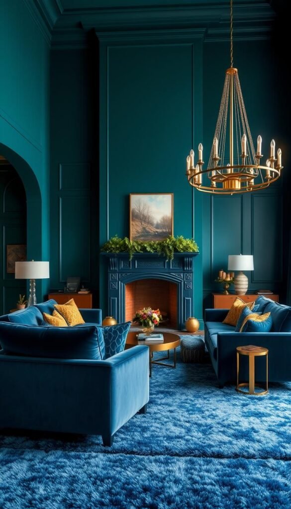 A spacious and inviting living room with deep teal and blue hues. The walls are painted in a rich, saturated teal color, creating a cozy and sophisticated ambiance. Plush velvet sofas in a deep blue shade are positioned to face a large, ornate fireplace, its mantle adorned with lush greenery. Soft lighting from sleek mid-century modern lamps casts a warm glow, while a large, statement-making chandelier hangs overhead, casting a subtle shimmer. The room is accented with gold and brass details, adding a touch of luxury. The floor is covered in a lush, plush blue rug, completing the overall luxurious and modern aesthetic.