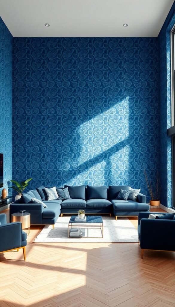 A spacious and inviting modern living room with a stunning blue patterned wallpaper covering the walls. The wallpaper features an intricate and repeating design of geometric shapes and abstract swirls in various shades of blue, creating a captivating visual texture. A large, plush sectional sofa in a complementary navy blue hue sits prominently in the center of the room, inviting relaxation. The room is bathed in warm, natural light filtering in through large windows, casting a cozy and tranquil atmosphere. Minimalist decor accents, such as a sleek coffee table and a few carefully placed houseplants, complete the refined and contemporary aesthetic. A spacious and inviting modern living room with a stunning blue patterned wallpaper covering the walls. The wallpaper features an intricate and repeating design of geometric shapes and abstract swirls in various shades of blue, creating a captivating visual texture. A large, plush sectional sofa in a complementary navy blue hue sits prominently in the center of the room, inviting relaxation. The room is bathed in warm, natural light filtering in through large windows, casting a cozy and tranquil atmosphere. Minimalist decor accents, such as a sleek coffee table and a few carefully placed houseplants, complete the refined and contemporary aesthetic.